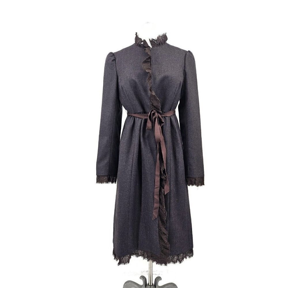 Rebecca Taylor Wool Duster Coat Womens 4 Long Brown Jacket Lace Tie Front